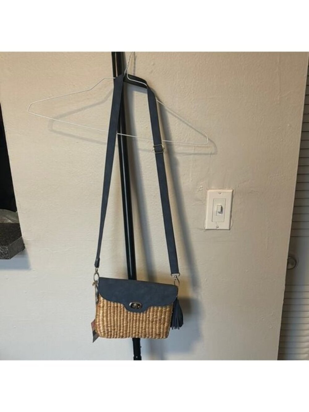 Stylish Blue and Tan Crossbody Bag